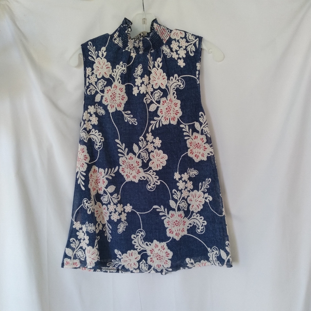 Emi And Joe Blouse Womens L Size Blue Floral Sleeveless High Neck